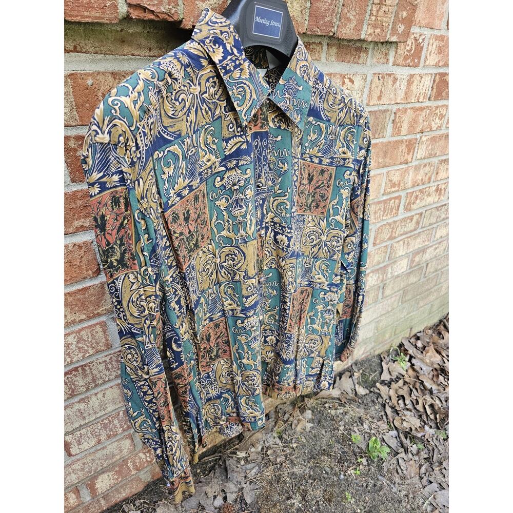 VTG S.L.B. Sunny Leigh 100% Silk Baroque Patchwork Button Down Shirt Renaissance